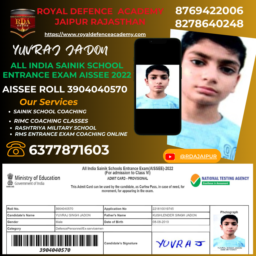 all india sainik school entrance exam aissee 2022 yuvraj jadon  Royal Defecne Academy